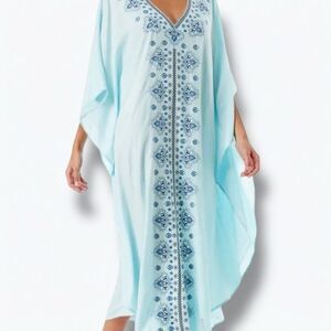 V Neck Relaxed Fit Blue Embroidered Kaftan Dress Cover Ups - NEW